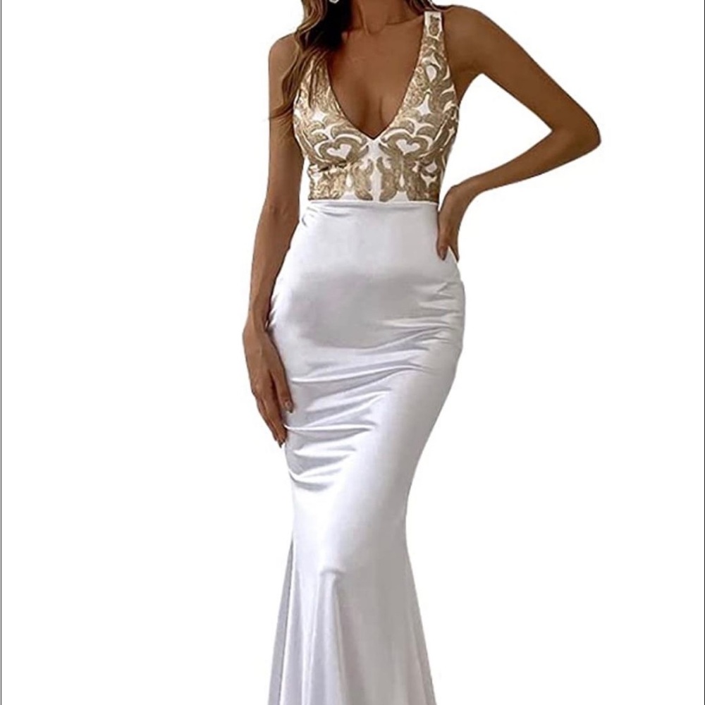 Women’s Neck Crisscross Satin Maxi Prom Dress, Sequin Sleeveless - Picture 2 of 11